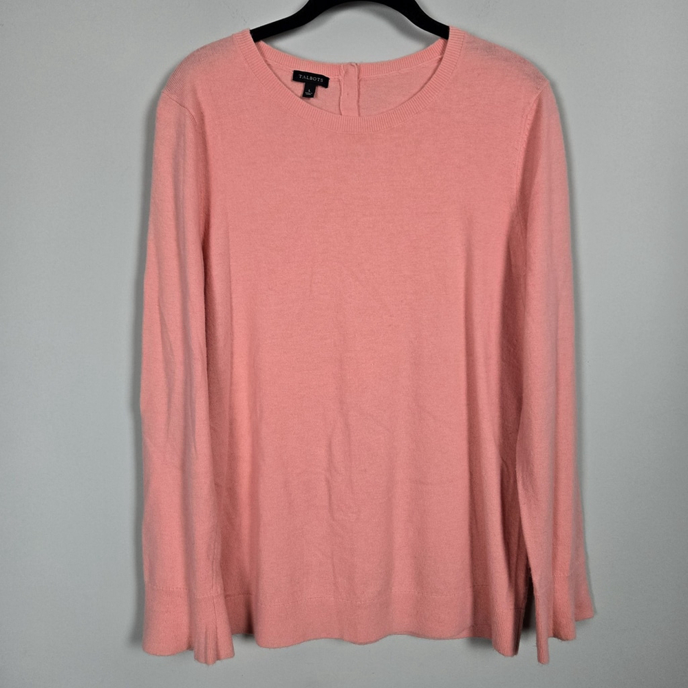 Talbots Womens Lambswool Pullover Sweater Large Pink Ruffle Cuff Luxe Soft Cozy